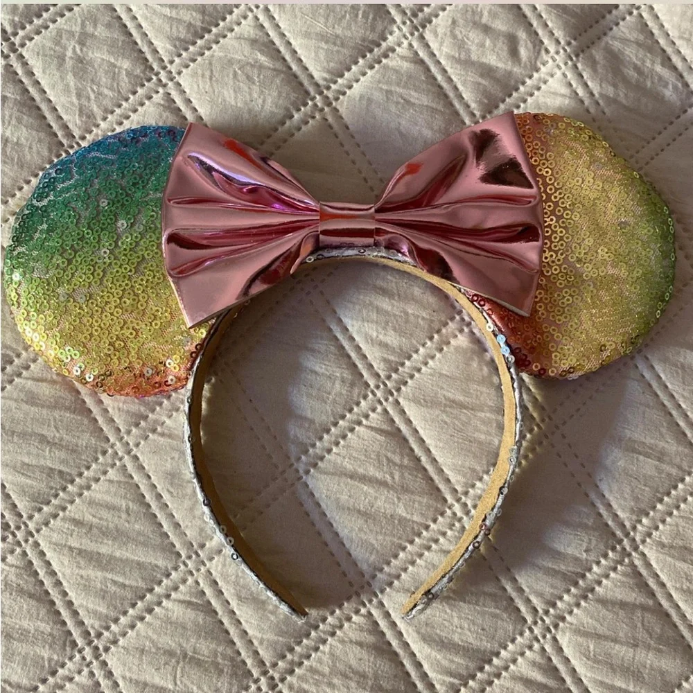 Rainbow Sequin Mouse Ears with Pink Bow